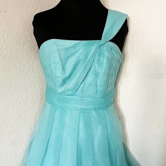 David's Bridal One Shoulder Organza Dress with Full Skirt Style F14831~‎ Teal - Picture 1 of 15